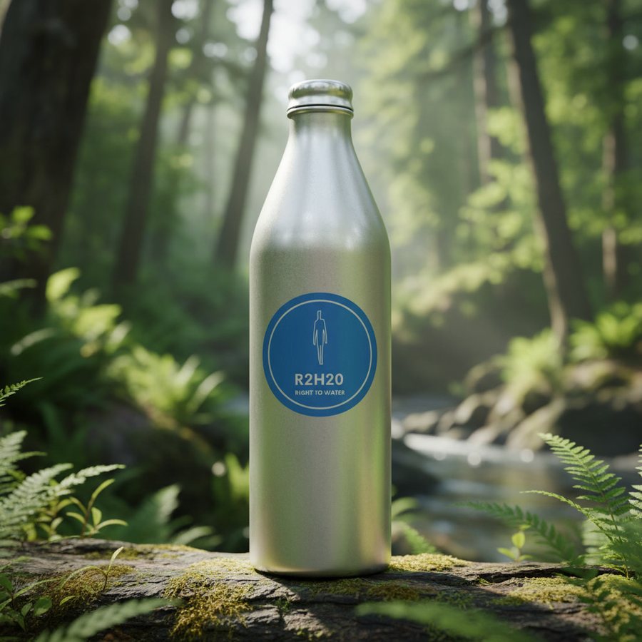 Right To Water aluminum water bottle on a mossy rock beside a forest stream